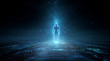 Obraz premium Human figure glowing with blue energy in cosmic space