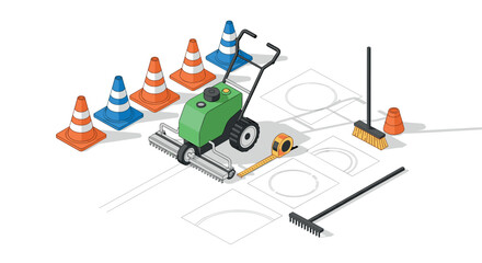 Landscape tools and traffic cones composition in isometric style