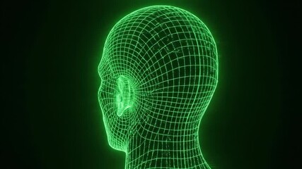 Digital Human Head Wireframe Grid Rotating on Black Background - Futuristic AI Concept. - Powered by Adobe
