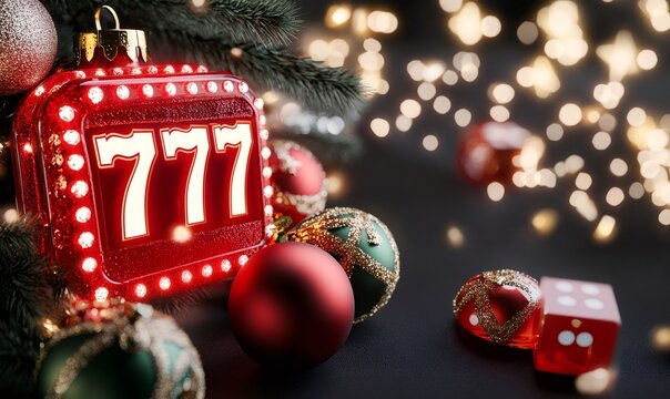 Slot machine ornament displaying triple sevens blending with festive decorations and bokeh lights