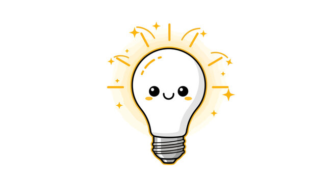 Enchanting cartoon lightbulb character shining brightly on a clean white backdrop