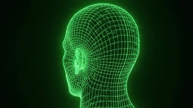 Digital Human Head Wireframe Grid Rotating on Black Background - Futuristic AI Concept.