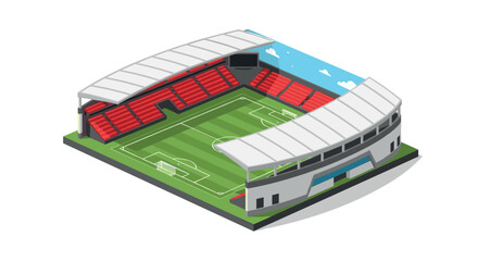 Isometric soccer stadium with red seats and green field under blue sky