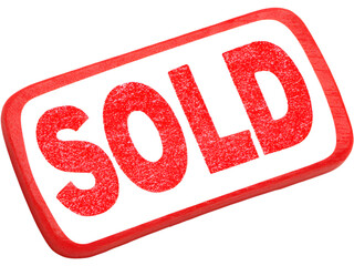 Red 3D &ldquo;SOLD&rdquo; sign isolated on transparent background, ideal for real estate, sales, or business announcement designs.