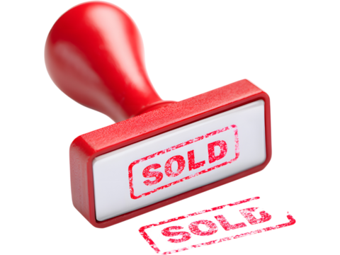 Red rubber stamp with “SOLD” text isolated on transparent background, symbolizing business deal or real estate success.