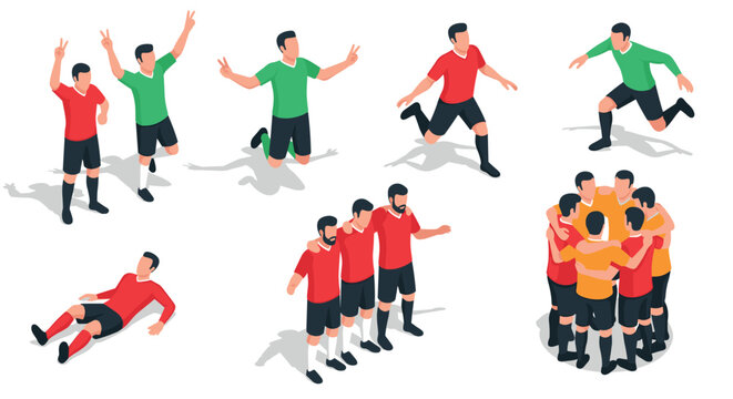 Dynamic isometric soccer celebrations featuring diverse team poses and joyful players in action