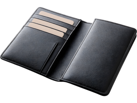 Stylish leather wallet isolated on transparent background, ideal for fashion, accessories, or e-commerce design..Tags: