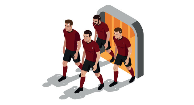 Four soccer players in red jerseys exiting locker room in isometric style