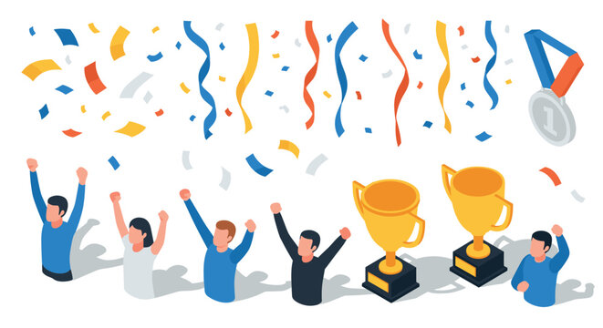 Celebrating victory with confetti, trophies, and medals in isometric style
