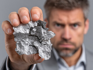 Crumpled metallic paper held by serious man in business attire with focused expression against gray background, emphasizing texture and material properties.