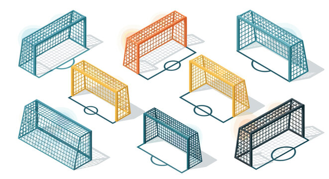Isometric soccer goal set in bold colors with shadow effects for sports design