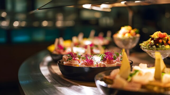 Elegant gourmet food display at a luxury hotel creates an inviting upscale culinary experience
