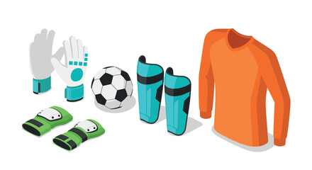 Soccer goalkeeper equipment set in isometric style: gloves, ball, shin guards, jersey