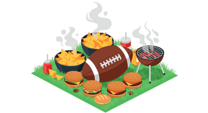 Tailgate party with american football, grilled food, and snacks in isometric style