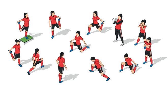 Isometric women soccer players stretching in various poses on white background - Powered by Adobe