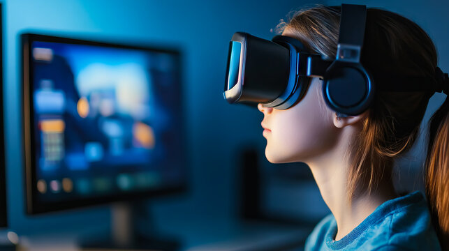 Girl immersed in virtual reality experience with advanced VR headset - Powered by Adobe