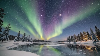 Stunning aurora borealis displaying over frozen lake and forest at night - Powered by Adobe