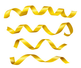 Golden satin ribbons with metallic shine isolated on white background - curled and twisted bands for gift wrapping, celebration decoration or festive design. Glossy gold silk wavy tape elements.
