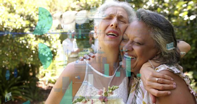 Bride hugging companion, adjusting bouquet after tears for comfort, overlays appearing over wedding