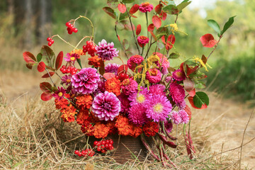 Beautiful autumn bouquet with dahlia, aster, marigold flower and colorful leaves. Fall pink yellow orange red purple flowers close up