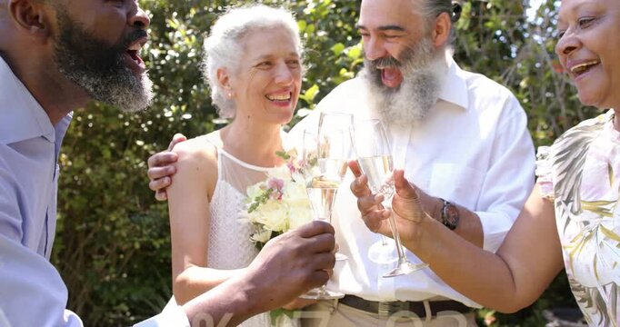 Bride and groom with two guests toasting champagne flutes in wedding, numeric overlay appearing