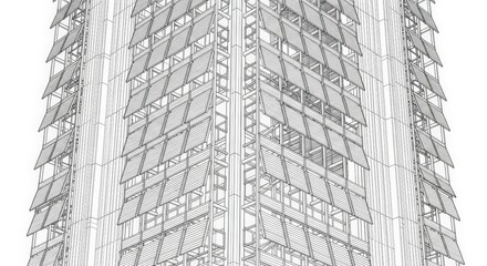 Modern architectural design of a skyscraper facade with geometric patterns and reflective panels