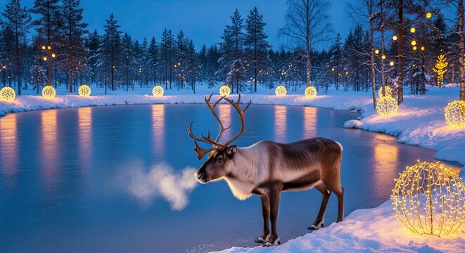 Arctic reindeer by frozen lake adorned with winter lights