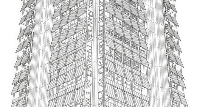 Modern architectural design of a skyscraper facade with geometric patterns and reflective panels
