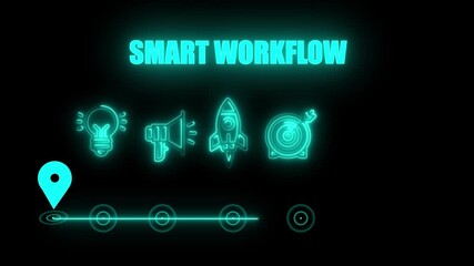 glowing neon SMART WORKFLOW concept with thin line icons on black background. Infographic design. Chart with animated icons. internet and target isolated on transparent background.4k video - Powered by Adobe