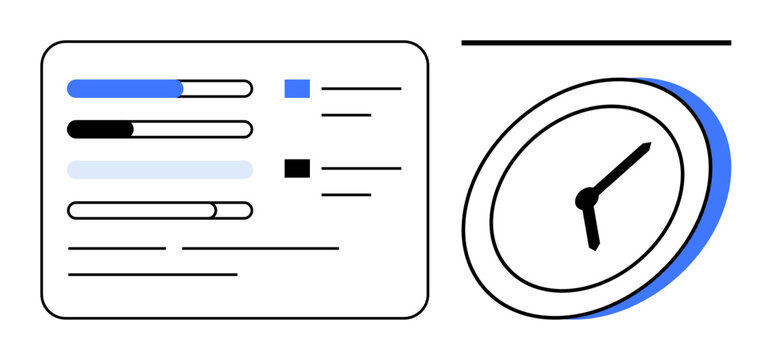 Progress bars next to items, a simple clock emphasizing scheduling, timelines, and tracking. Ideal for productivity, time tracking, task management, planning efficiency deadlines organization. A