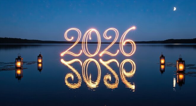 Sparkling 2026 Reflection Over Calm Water With Lanterns Floating