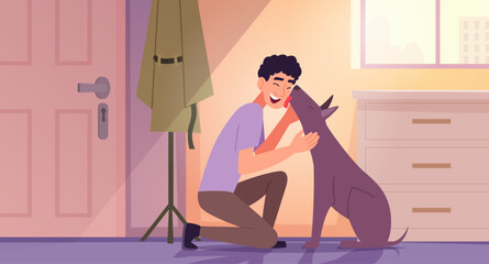 Cats and dogs. Happy pets owners playing with domestic animals exact vector cartoon background