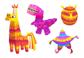 Pinatas. Cartoon mexican party toys with sweets exact vector different pinatas
