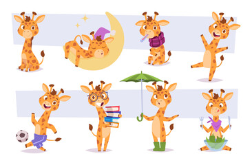 Giraffe. Zoo animal in different poses exact vector baby animal playing