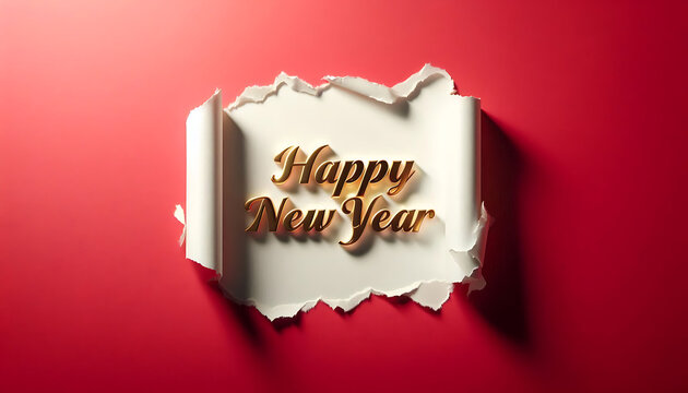 Vibrant New Year greeting featuring a torn white paper reveal on a bold red backdrop. Elegant gold script reads 'Happy New Year', conveying celebration...