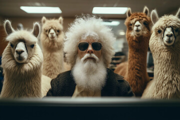 Obraz premium Surreal portrait of bearded senior man with sunglasses surrounded by alpacas and llamas in indoor office setting creating humorous unexpected animal and human composition.