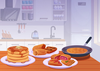 Pancakes. Tasty dessert food on kitchen table exact vector pancakes with syrup