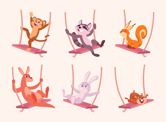 Animals on swing. Cute little baby characters riding outdoor on swings exact vector childish illustrations