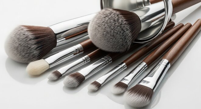 Assortment of professional makeup brushes isolated on white background, showcasing various sizes and shapes for flawless application and blending techniques