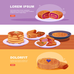 Pancakes. banners with different delicious pancakes on plates