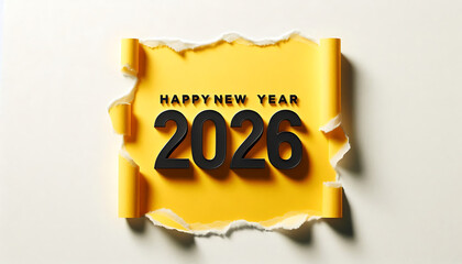 Vibrant yellow torn-paper backdrop reveals bold black 2026 numerals and a festive 'Happy New Year 2026' message, perfect for greeting cards, promotions, and end-of-year campaigns...

