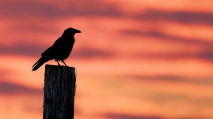 Fototapeta premium Raven bird silhouette perched on post at sunset