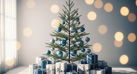 Beautifully Decorated Christmas Tree with Presents Underneath and Soft Bokeh Lights