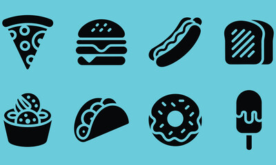 Selection of Fast Food Icons on Blue Background Delicious and Appealing Vector Illustration