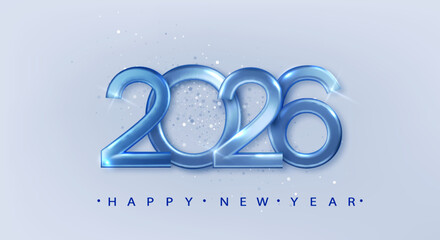 2026 Blue metal number for New Year Celebration. Festive Christmas bright banner. Realistic Golden 3d number