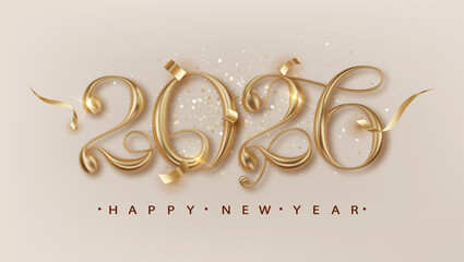 Happy new year 2026 Celebration. 3D Shiny gold realistic numbers isolated holiday greeting background