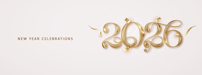New Year Celebration 2026 golden realistic number. Happy new year festive sparkling banner.