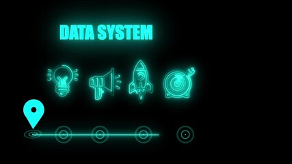glowing neon DATA SYSTEM concept with thin line icons on black background. Infographic design. Chart with animated icons. internet and target isolated on transparent background.4k video - Powered by Adobe