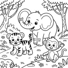 Cute Jungle Animals Coloring Page, tiger, elephant, lion, forest, wildlife, safari, jungle, 