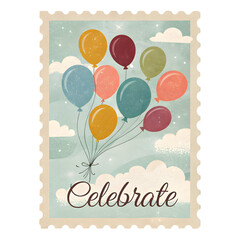 Retro holiday postage stamp featuring colorful balloons soaring in a blue sky with clouds for festive celebrations